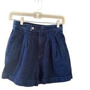 LizSport Vintage High Waisted Pleated Denim Shorts Dark Wash Blue Womens 4
